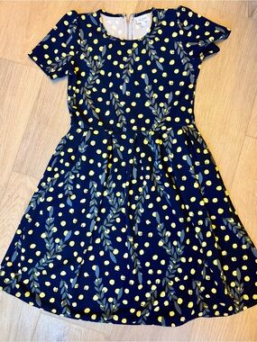 Navy & Yellow Polka Dot with Leaf Print LuLaRoe Amelia Dress